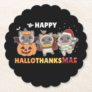Happy Hallothanksmas Cat Christmas Elephant Paper Coaster