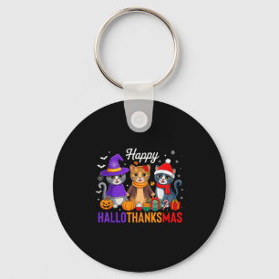 Happy Hallothanksmas Cat Halloween Thanksgiving Ch Keychain