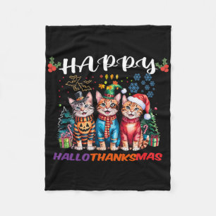 Happy Hallothanksmas Cats Halloween Thanksgiving C Fleece Blanket