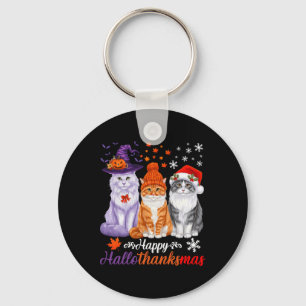 Happy Hallothanksmas Cats Halloween Thanksgiving C Keychain