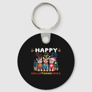 Happy Hallothanksmas Cats Halloween Thanksgiving C Keychain