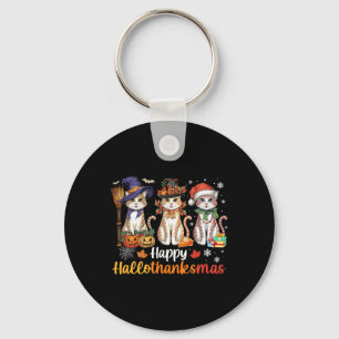 Happy Hallothanksmas Cats Halloween Thanksgiving C Keychain