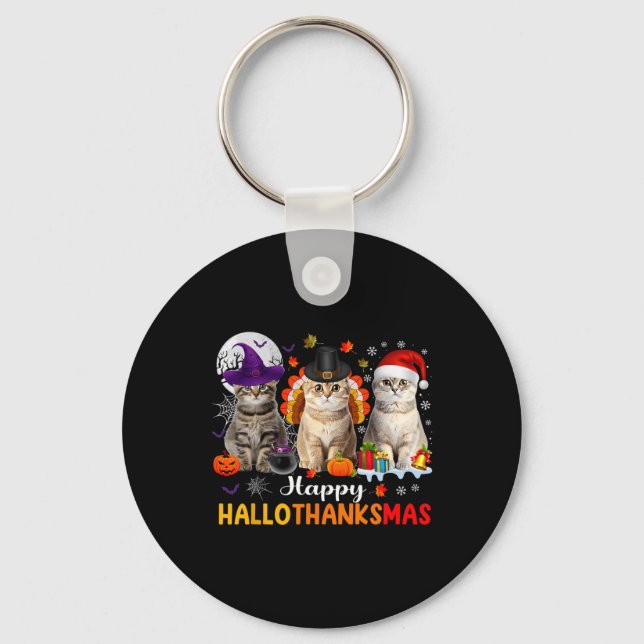 Happy Hallothanksmas Cats Halloween Thanksgiving C Keychain (Front)
