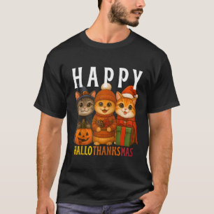 Happy Hallothanksmas Cats Halloween Thanksgiving C T-Shirt