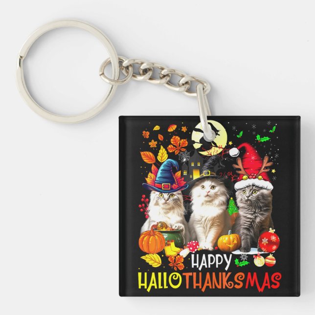  Happy HalloThanksMas Cats Keychain (Front)