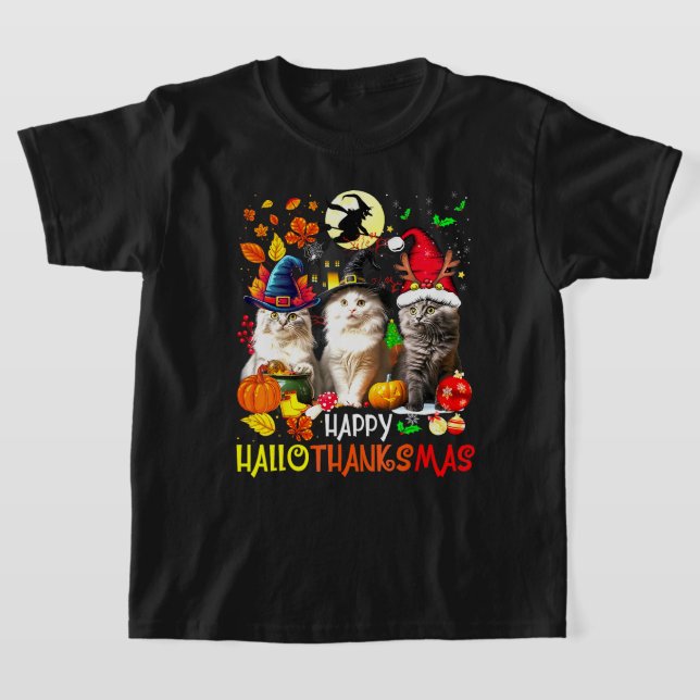  Happy HalloThanksMas Cats T-Shirt (Laydown)