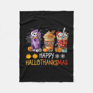 Happy Hallothanksmas Coffee Halloween Thanksgiving Fleece Blanket