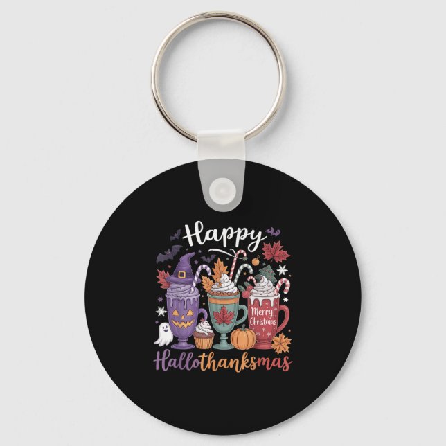 Happy Hallothanksmas Coffee Lover Halloween Merry  Keychain (Front)