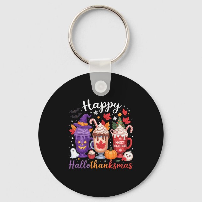 Happy Hallothanksmas Coffee Lover Halloween Merry  Keychain (Front)
