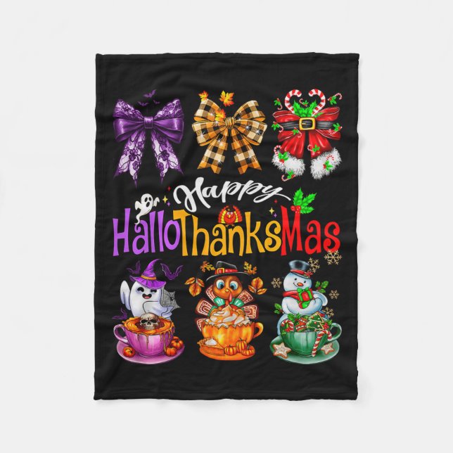 Happy Hallothanksmas Coquette Bow Coffee Latte Can Fleece Blanket (Front)
