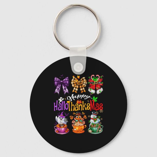 Happy Hallothanksmas Coquette Bow Coffee Latte Can Keychain (Front)