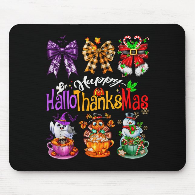 Happy Hallothanksmas Coquette Bow Coffee Latte Can Mouse Pad (Front)