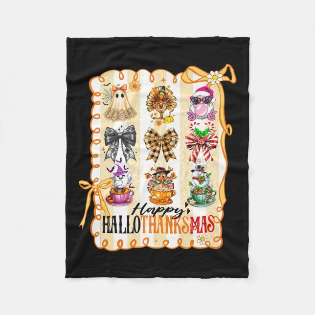 Happy Hallothanksmas Coquette Bow Halloween Thanks Fleece Blanket (Front)