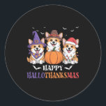 Happy Hallothanksmas Corgi Dogs Halloween Christma Classic Round Sticker<br><div class="desc">Happy Hallothanksmas Corgi Dogs Halloween Christmas Pumpkin</div>