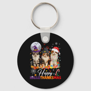Happy Hallothanksmas Cute Cats Halloween Thanksgiv Keychain