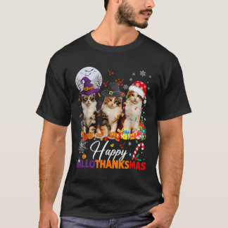 Happy Hallothanksmas Cute Cats Halloween Thanksgiv T-Shirt