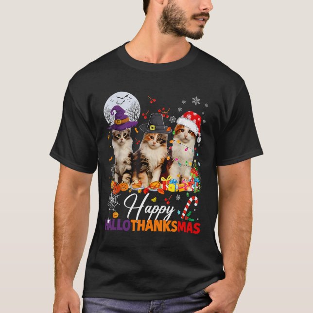 Happy Hallothanksmas Cute Cats Halloween Thanksgiv T-Shirt (Front)