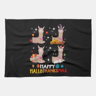 Happy Hallothanksmas Cute Witch Turkey Santa Llama Kitchen Towel