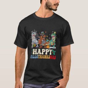 Happy Hallothanksmas Dinosaur T Rex Halloween Autu T-Shirt