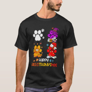 Happy HalloThanksMas Dog Paws Halloween Thanksgivi T-Shirt