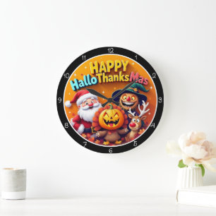 Happy HalloThanksMas Festive Holiday Celebration Large Clock