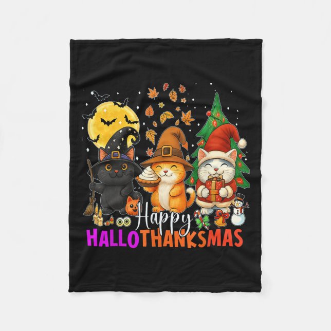 Happy Hallothanksmas Funny Halloween Thanksgiving  Fleece Blanket (Front)
