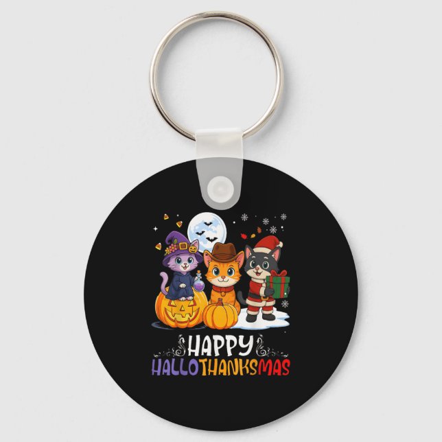 Happy Hallothanksmas Funny Halloween Thanksgiving  Keychain (Front)