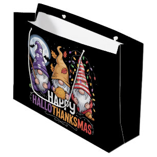 Happy HalloThanksMas Gnomes Halloween Christmas Large Gift Bag