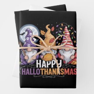 Happy HalloThanksMas Gnomes Halloween Christmas Wrapping Paper Sheet