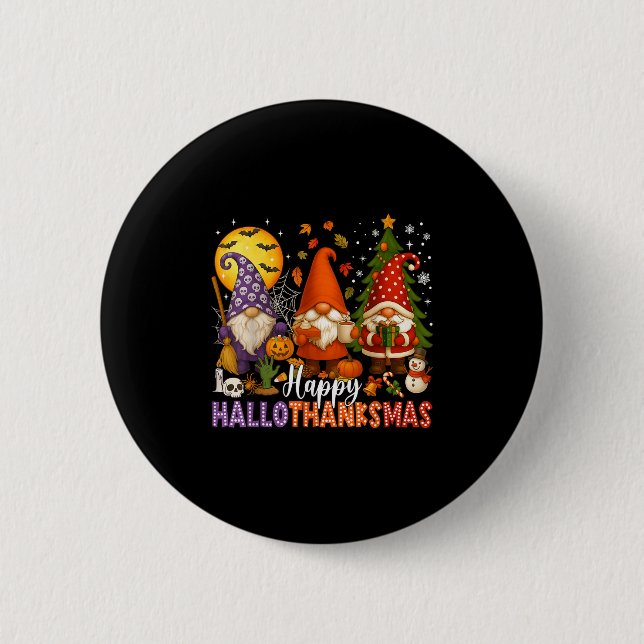Happy Hallothanksmas Gnomes Halloween Thanksgiving 2 Inch Round Button (Front)