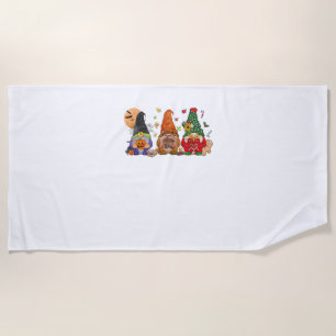 Happy Hallothanksmas Gnomes Halloween Thanksgiving Beach Towel