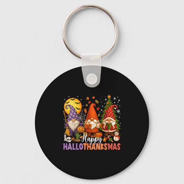 Happy Hallothanksmas Gnomes Halloween Thanksgiving Keychain (Front)