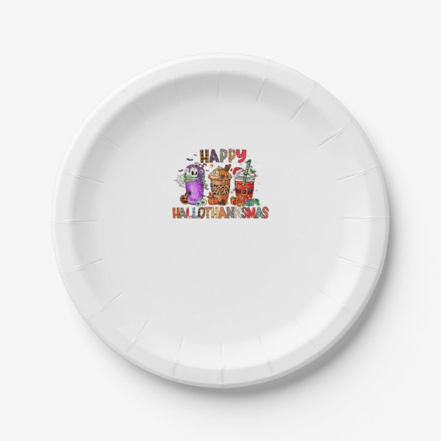 Happy Hallothanksmas Gnomes Halloween Thanksgiving Paper Plate (Front)