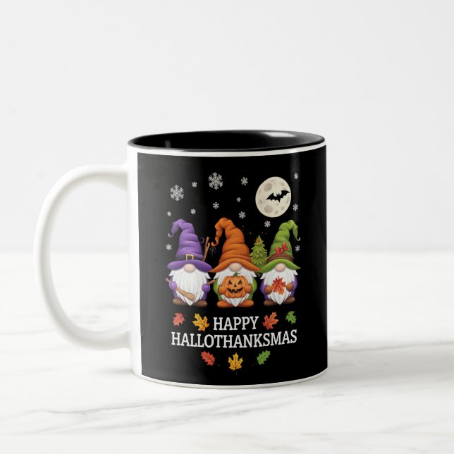 Happy Hallothanksmas Gnomes Lover Halloween Xmas Two-Tone Coffee Mug (Left)