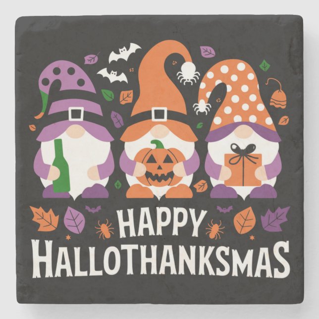 Happy Hallothanksmas Gnomes Lover Merry Christmas Stone Coaster (Front)