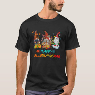 Happy Hallothanksmas Gnomes  Witch Santa Hat Pumpk T-Shirt