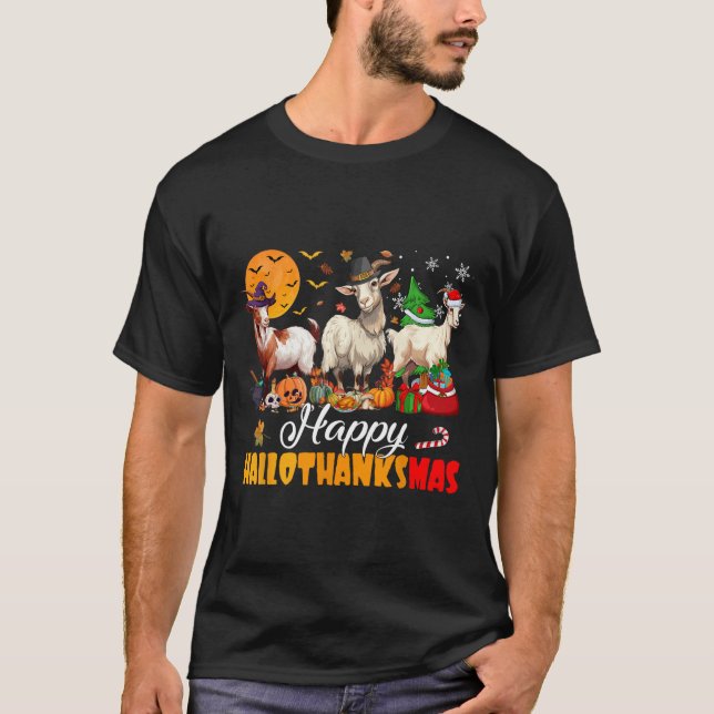 Happy Hallothanksmas Goat Halloween Thanksgiving C T-Shirt (Front)