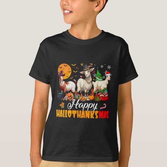 Happy Hallothanksmas Goat Halloween Thanksgiving C T-Shirt (Front)