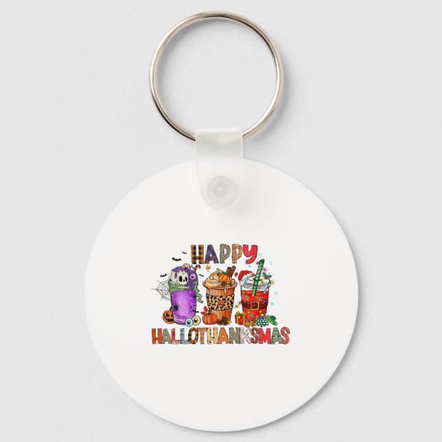 Happy Hallothanksmas Halloween Coffee Latte Thanks Keychain (Front)