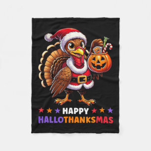 Happy Hallothanksmas Halloween Thanksgiving Xmas F Fleece Blanket