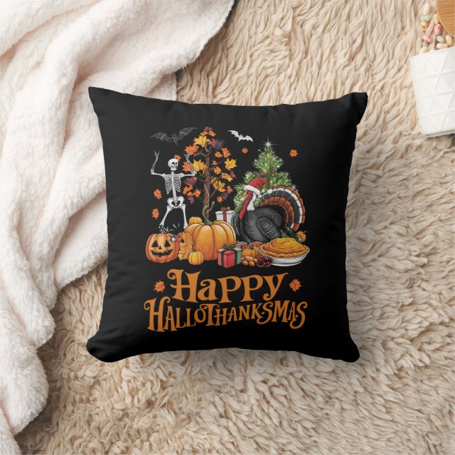 Happy Hallothanksmas Happy Halloween Thanksgiving  Throw Pillow (Blanket)