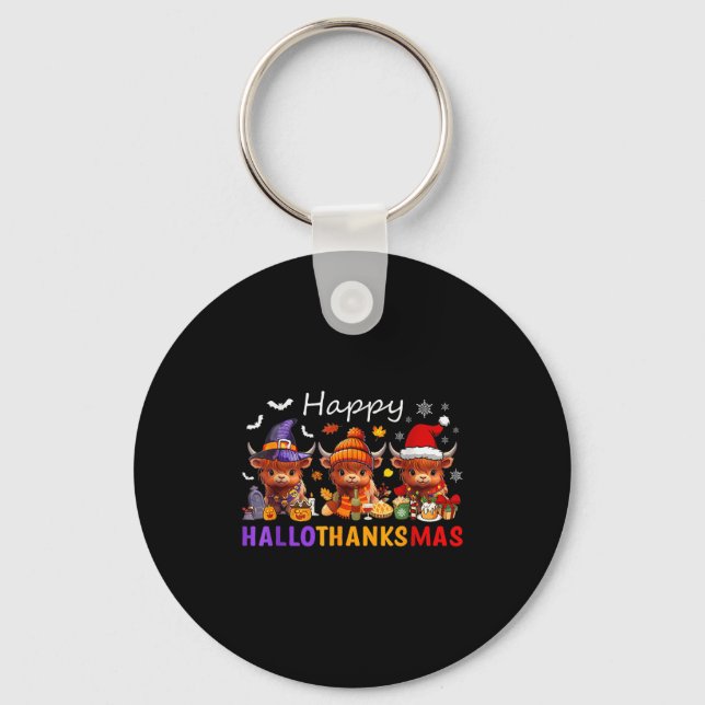 Happy Hallothanksmas Highland Cow Halloween Merry  Keychain (Front)