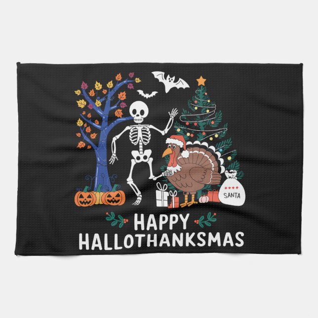 Happy Hallothanksmas Holiday Season Gift Fall Kitchen Towel (Horizontal)