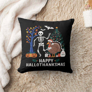 Happy Hallothanksmas Holiday Season Gift Fall Throw Pillow