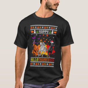 Happy Hallothanksmas Horse Witch Santa Hat Pumpkin T-Shirt