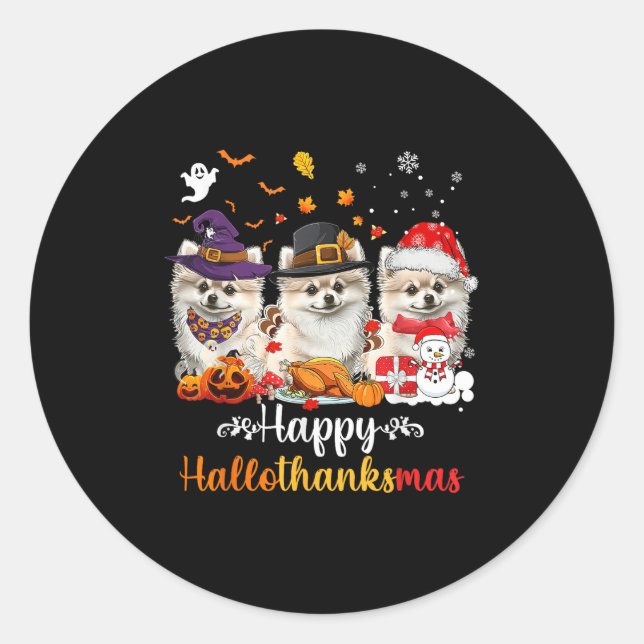 Happy Hallothanksmas Meranian Dog Halloween Christ Classic Round Sticker (Front)
