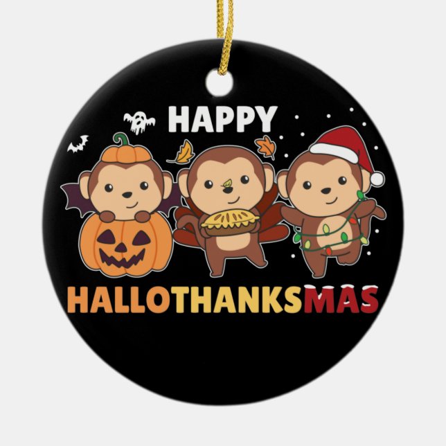 Happy Hallothanksmas Monkey Christmas Monkeys Cera Ceramic Ornament (Front)
