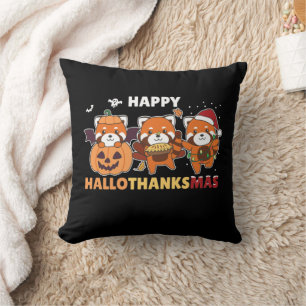 Happy Hallothanksmas Pandas Christmas Red Panda Throw Pillow