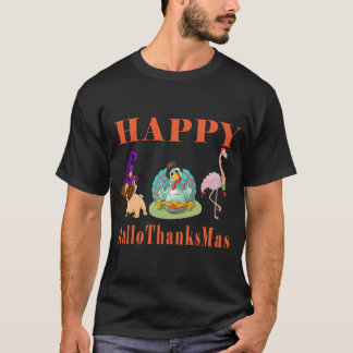 Happy HalloThanksMas Pug Witch Turkey Pie Flamingo T-Shirt