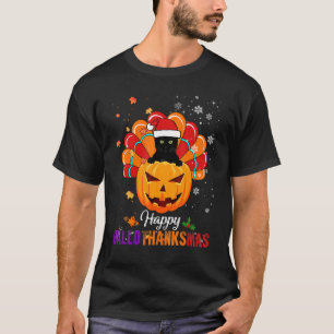 Happy HalloThanksMas Pumpkin Fall Black Cat Santa T-Shirt